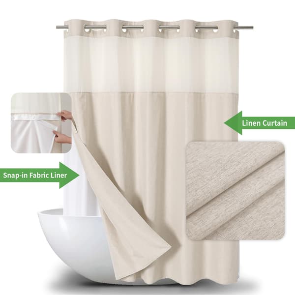 Hookless dusjforheng i teksturert polyester med avtakbart stofffôr, vanntett og vaskbart, 183*190cm, off-white.