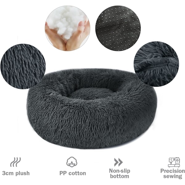 Rolig hundekat donut seng - 19,7 tommer fluffy plysj valp kattunge koselig rund seng, varm og myk kjæledyr koselig anti-angst senger med sklisikker bunn og Dark Grey 50.00 x 50.00 x 20.00 cm (L x W x H)