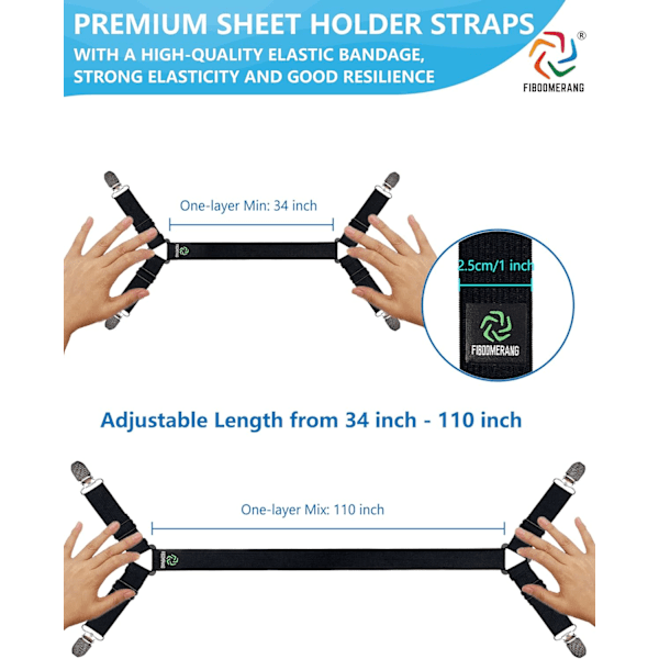 Senglakenklemmer - Kryssende lakenstropper for sengetøy, lakenholdere og lakenholder elastiske bånd lakenbåndsstropper Black 4pcs All sizes