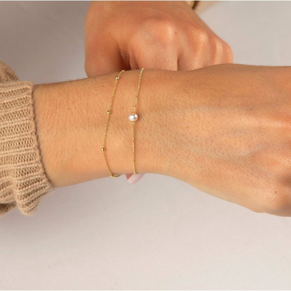 Armbånd for kvinner 14K gullbelagt kjede enkelt smykke søtt for jenter 2 Layer  1 Pearl + Bead Chain 2 Layer Satellite Chain