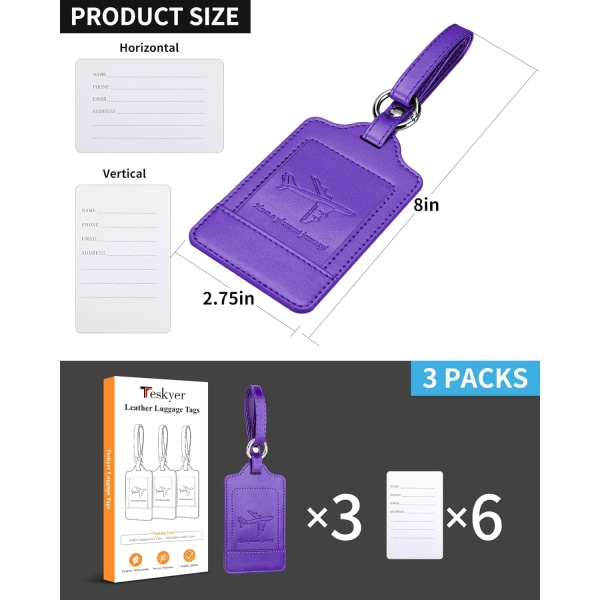 Pakkauksessa 3 matkatavaramerkkiä, PU-nahkainen matkalaukkulappu matkalaukkuille, matkatavaratarrat nimikortilla, havaittava, kestävä, matkatarvikkeet, violetti Purple 2.7 x 4.2 Inch/6.8 x 10.7 cm