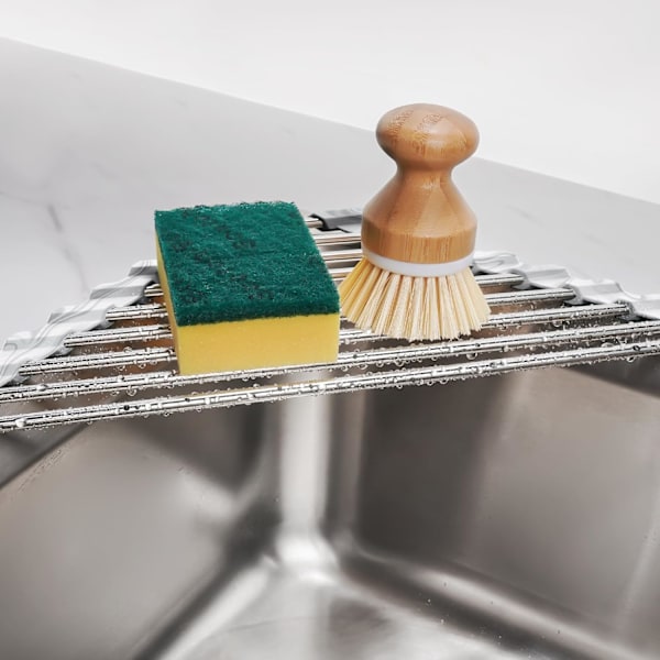 Aqua Triangle Roll-Up Opvaskestativ til Vaskhjørne - Lille, Sammenklappelig, Rustfrit Stål, Multifunktionel Køkkenafløbsbakke, Grydeunderlag, Rustfri Marble