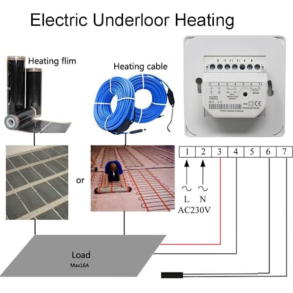 Manuell gulvvarmetermostat 220V 16A, elektrisk gulvvarmecontroller mekanisk romtermostat med gulvsensorprobe hvit