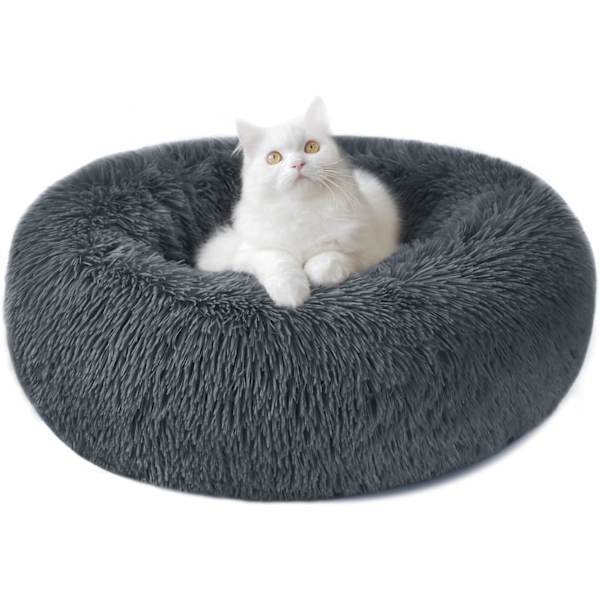 Rolig hundekat donut seng - 19,7 tommer fluffy plysj valp kattunge koselig rund seng, varm og myk kjæledyr koselig anti-angst senger med sklisikker bunn og Dark Grey 50.00 x 50.00 x 20.00 cm (L x W x H)