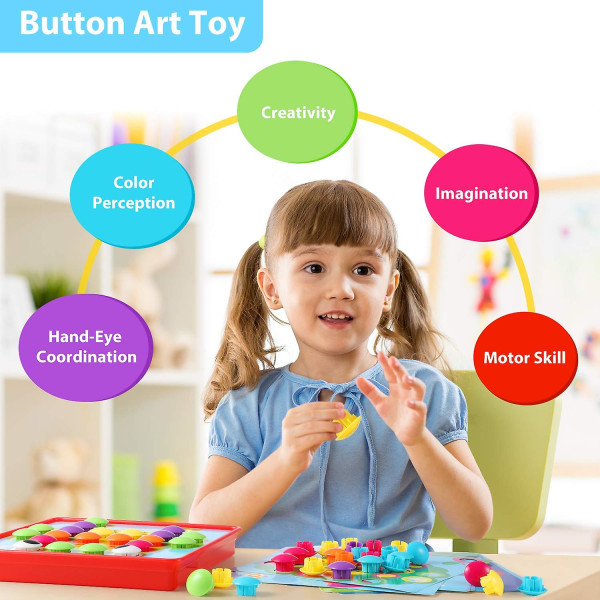 Knappekunstleker for småbarn, Geekper-fargematchende mosaikktavle, pedagogiske leker for tidlig læring for barn, 10 bilder og 58 knapper