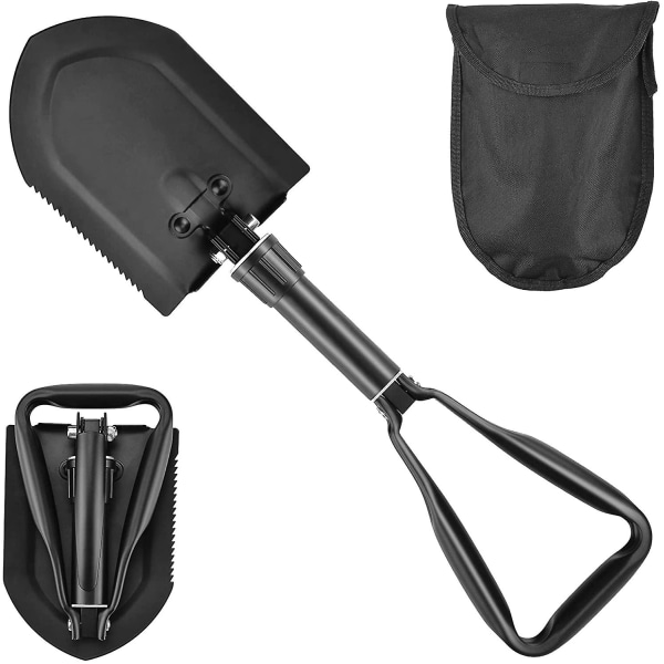 58 cm hopfällbar spade, extra stabil höghållfast kolstål multifunktionsskyffel med bärväska (svart)