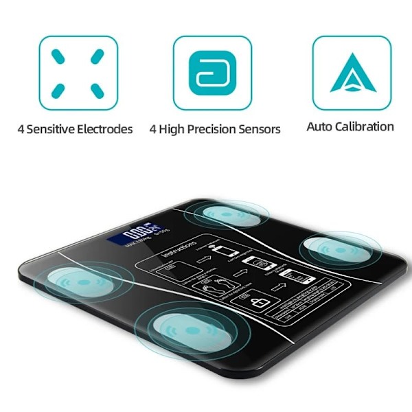 Älykäs sininen Bluetooth-digitaalinen kehon terveysvaaka | Mukautettu elektroninen seurantasovelluksen monitori | Langaton BMI, musta Black