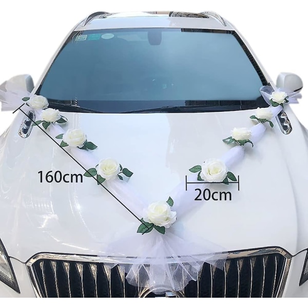 Nauha-hääauto, hääkoristeluauto, valkoinen luksus romanttinen ruusu hääauton koristelu perhosnauhakoriste hääjuhlasisustus