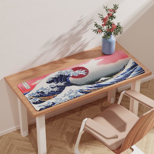 Japan Art Kanagawa Surfing Musemåtte (31,5 × 11,8 × 0,12 tommer) Udvidet Stor Musemåtte Skrivebordspude, Syede Kanter Musemåtte, Skridsikker Gummibase, Keyboa Ocean Wave Mouse Pad  3 Ink Drawing Mouse Pad  1