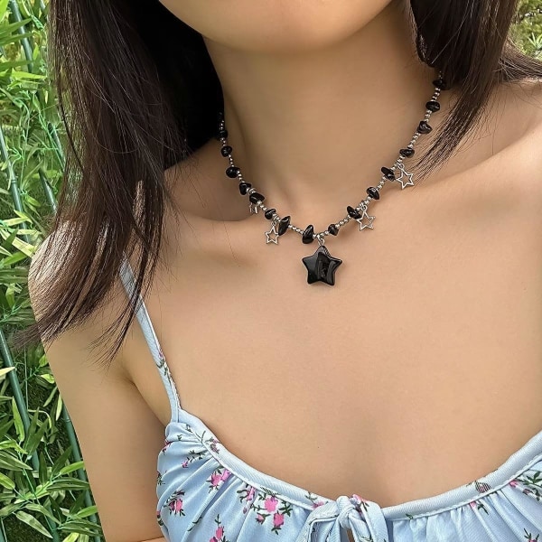 Stjärnberlocker Halsband Choker Y2K Healing Kristall Halsband Sommar Smycken med Silverkedjor för Tonårsflickor Kvinnor Black One size