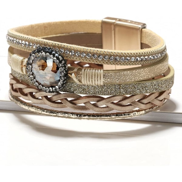 Leopard Armbånd til Kvinder, Boho Læder Wrap Multi-Layer Perle Krystal Armbånd Smykker B27Crystal Leather(Khaki) A7Feather