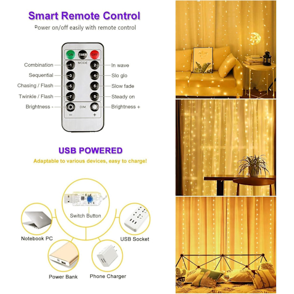 Lyslenker, 3m x 3m 300 LED Lyslenker med 8 Moduser Fjernkontroll Timer Justerbar Lysstyrke, Gardinlys for Soverom, Hage, Fest, Warm white