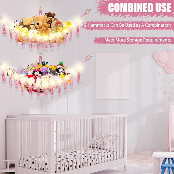 Eläinriipukko LED-valolla, leluverkko täytettyjen eläinten säilytykseen, lastenhuoneen sisustukseen, täytettyjen eläinten riippumatonurkkaus, vaaleanpunainen Pink Large(Package of 1)