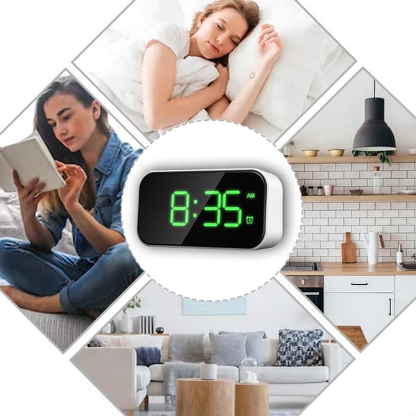 12/24 timmars digital väckarklocka för sovrum, 5 tums LED-display, digital väckarklocka för barnrum - Vit skal grön text