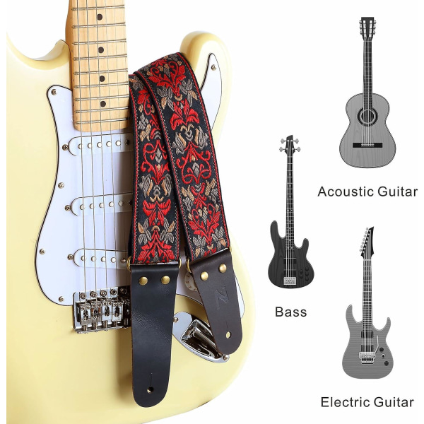 Punainen - Brodeerattu kitarahihna, nahkaranneke näkymättömällä taskulla, bassolle, sähkökitaralle ja akustiselle kitaralle