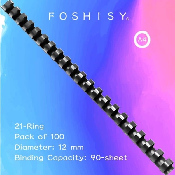 Plastik Bindery Kamme 21 Ring A4 12mm Kam Bindery Rygge, 90 Ark Kapacitet, Pakke med 100, Sort 12mm