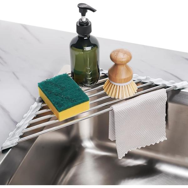 Aqua Triangle Roll-Up Opvaskestativ til Vaskhjørne - Lille, Sammenklappelig, Rustfrit Stål, Multifunktionel Køkkenafløbsbakke, Grydeunderlag, Rustfri Marble