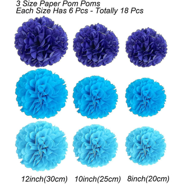 Pakke med 18, blå Pom Poms-blomster, dekorasjonspapirsett for fest