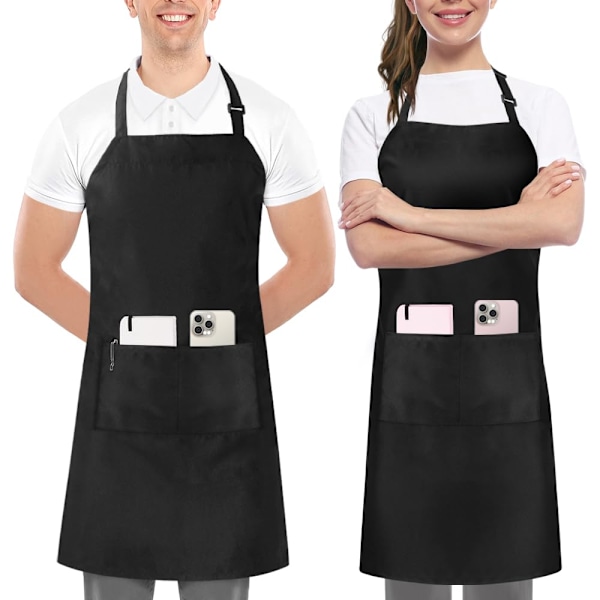 2-pack Justerbart Haklappsförkläde med 2 Fickor Vattenavvisande Matlagningsförkläde för Män, Kvinnor med Långa Band black