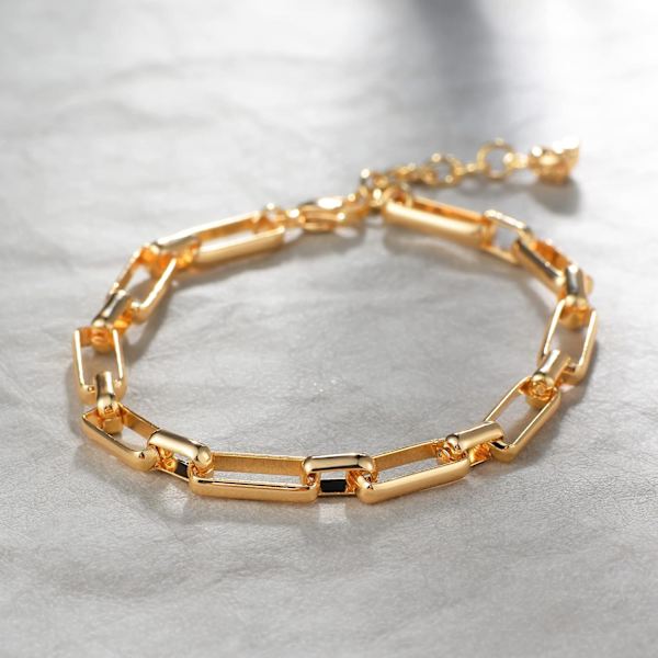 Armbånd til kvinder 14K guldbelagt fin kæde simpelt smykke sødt til piger Paperclip Chain Rectangle 2 Layer Satellite Chain