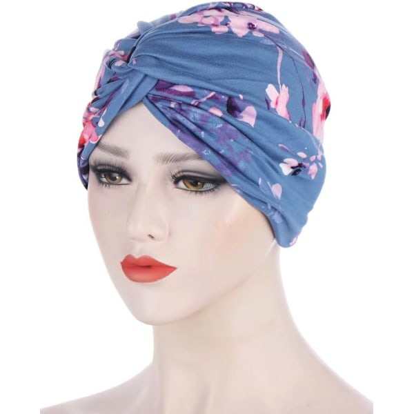 Förknuten huvudduk Kemoterapi huvudbonad för kvinnor UK mössa sjal turban mössa blommig bomullskänsla stil Alopecia bandana huvudbonad Blue Floral