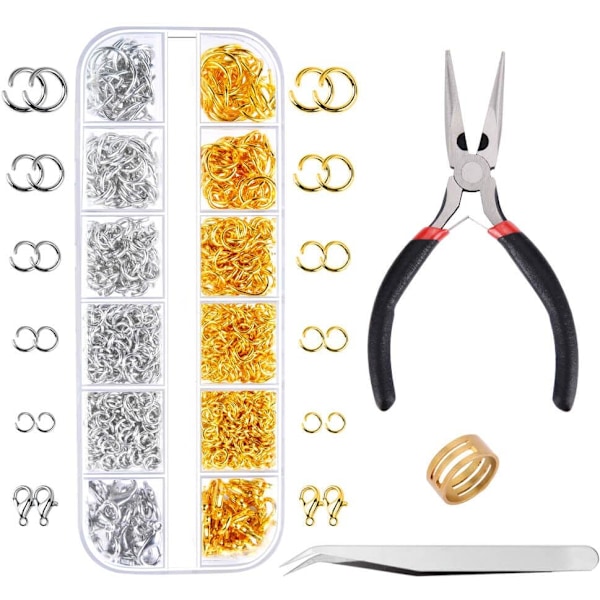1200 st stängda smyckestillverkningstillbehör, Paxcoo halsbandssats med öppna smyckesringar, hummerklor, spetstång och pincett, smyckesf Gold,Silver,Black
