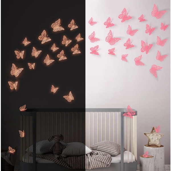 Butterfly-seinätarrat, värikäs hehku pimeässä, fluoresoiva vaaleanpunainen, 24 kpl 24 Pcs, Glowing Pink