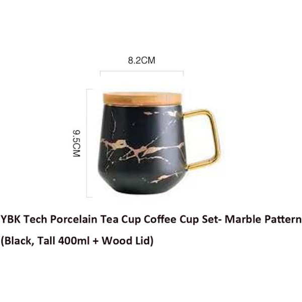 YBK Tech Porcelæn Te-kop Kaffekop Sæt til Eftermiddagste - Marmormønster (Sort, Høj 400ml + Trælåg) Black, Tall