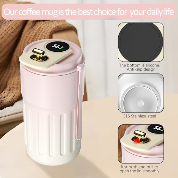 Kaffekopp Resemugg, 316 Rostfritt Stål Vakuumisolerad Kopp, LED Touch Screen Termometer, Smart Kopp Förseglad Flaska 410ml, Rosa pink