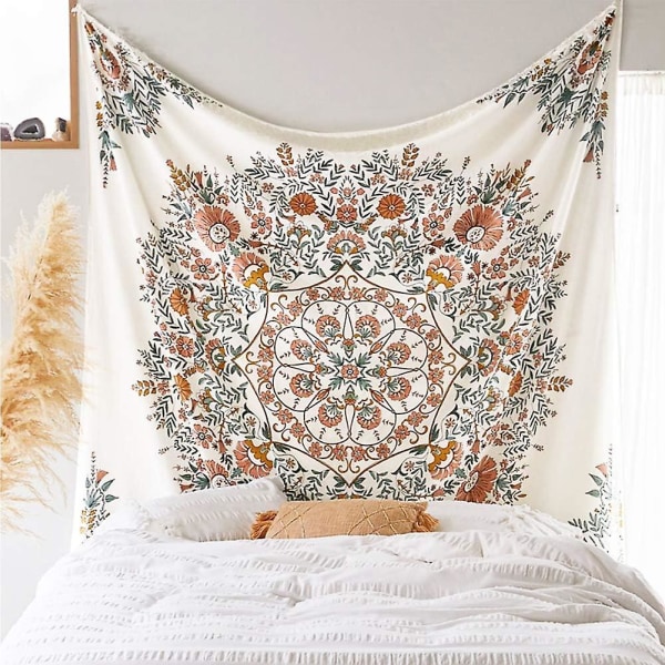 Mandala Flower Tapestry - Boho White Tapestry Sketch Floral kodin makuuhuoneen seinäkoristeeseen M: (59,1" X 80")