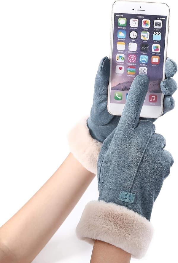 Varme Vinterhandsker, Touch Screen Ruskind Tyk Foring Votter, Dame Udendørs Handsker (Blå)