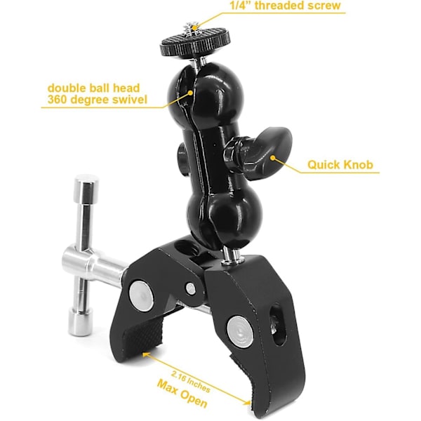 Kuglehoved Kugleled Arm Mount Multifunktion Dobbelt Kugleadapter Klemme Mount(1stk, Sort)