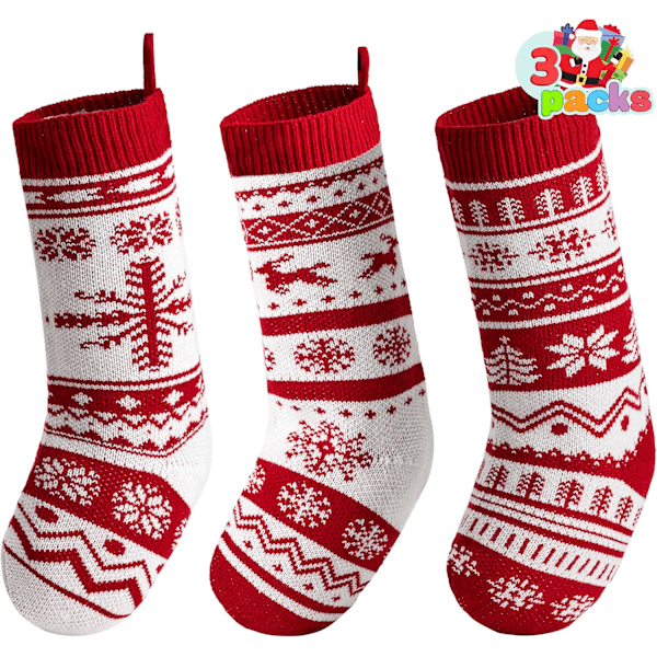 3-pack 45 cm knitted Christmas socks, large rustic Christmas socks in yarn for family holiday decorations