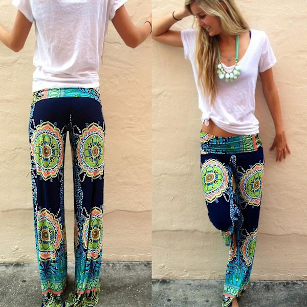 Kvinnors Boho Blommiga Baggy Yoga Byxor Hippie Sommar Strand Vida Ben Byxor Bottnar