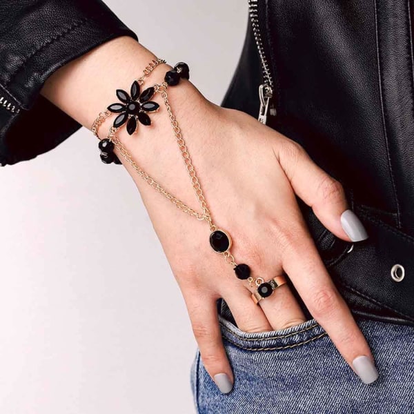 Rhinestone Ring Armband Hand Kedja Smycken Svart Blomma Finger Ring Party Hand Smycken för kvinnor och flickor