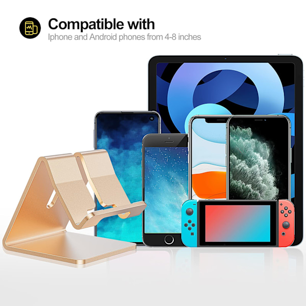 Alumiininen puhelinpidike iPhone 16, 15, 14 Plus, 13, 13 Pro, 12 Pro Max, 12, 11 Pro, Xs Max, X, 8, 7, 6 Plus ja muille (Kulta)