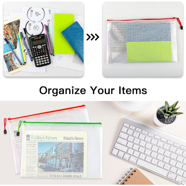 A4 Plast Zip-mapper - 12 stk. lynlås-filposer Mesh Zip Lock Dokumentpungholder Rejseopbevaringspose til kontorartikler og rejsetilbehør 6 Colours  12 PCS A4