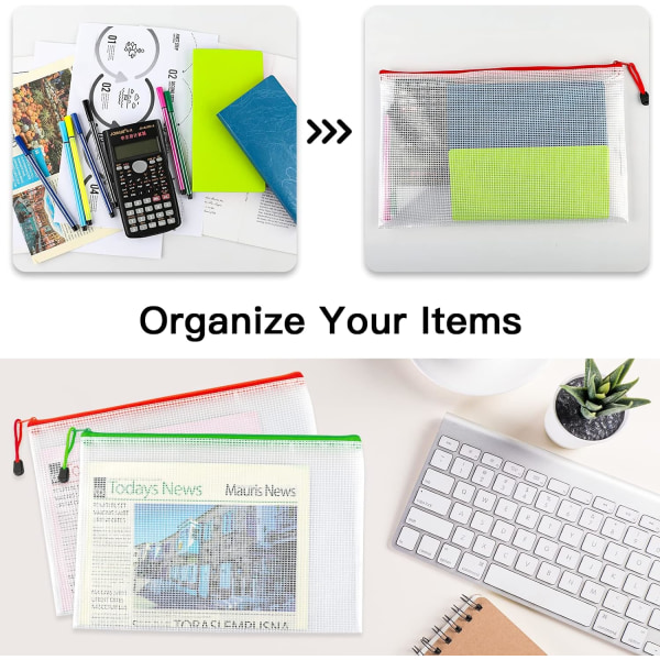 A5 Plast Zip-mapper - 24 stk. A5 Mesh Lynlåspose Plast Zip Lock-poser Dokumentmapper Fil Lynlåsposer Rejseopbevaringspose til Kontorartikler 12 Colours  24 PCS A5
