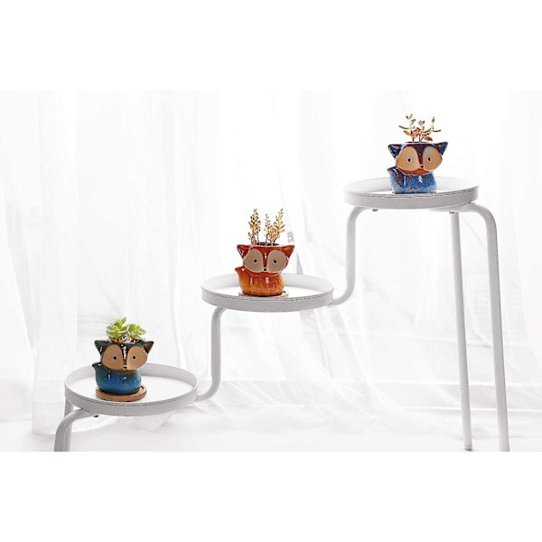 10cm Små Kaktusväxtkrukor Med Bambu Bricka Set Om 3, Söta Räv Kaktus Rund Succulent Kruka Keramisk Krukbehållare Planterare Hem Kontor Dekor Present