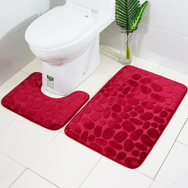 Pebble-bademåttesæt Memory Foam-sokkelsæt 2-delt badeværelsestæppe Blødt Absorberende skridsikkert rødt bademåtte (50cm X 80cm) og piedestalmåtte (50cm X 40cm) Ap.