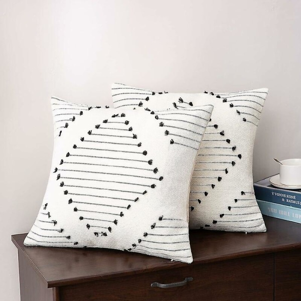 Set med 2 kuddfodral 45x45cm, bohemisk dekorativ kudde modern vävd fyrkantig örngott för soffa sovrum vardagsrum, svart och vit