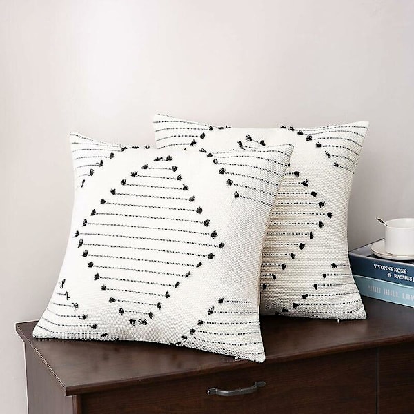 Set med 2 putetrekk 45x45cm, bohemske dekorative putetrekk moderne vevde firkantede putetrekk for sofa soverom stue, svart og hvitt