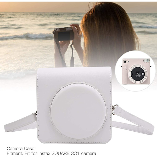 Axelkameraväska, bärbar läderkameraväska med axelrem, passar för Instax Square Sq1-kamera (1 st, vit)