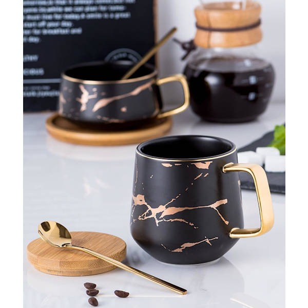 YBK Tech Porcelæn Te-kop Kaffekop Sæt til Eftermiddagste - Marmormønster (Sort, Høj 400ml + Trælåg) Black, Tall