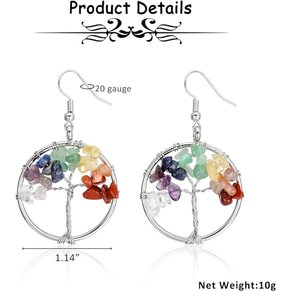 Kvinners sølv Livets tre dråpe øreringer 7 Chakra Matural Tumbled Gemstone Wire Wrapped Crystal Dangle Dangly øreringer for jenter damer Bohemian J