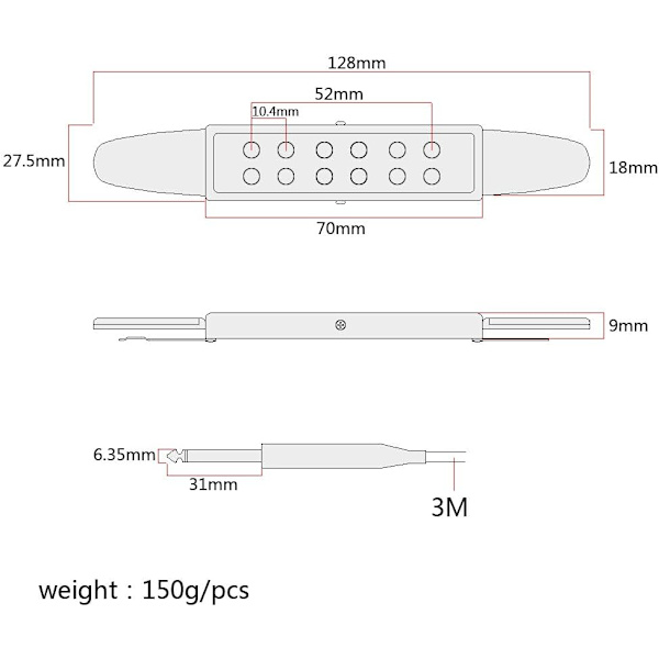 Gitarpickup 12-hulls lydhullsforsterker med 10ft kabel 1/4 tommers jack for 40 tommers / 41 tommers akustiske klassiske folkegitarer jack