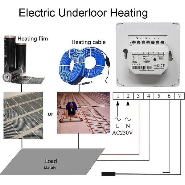 Manuaalinen sähköinen lattialämmitystermostaatti AC 220v 16a anturilla, mekaaninen lattialämmitystermostaattiohjain [energiatehokkuusluokka A+++]  (HY)