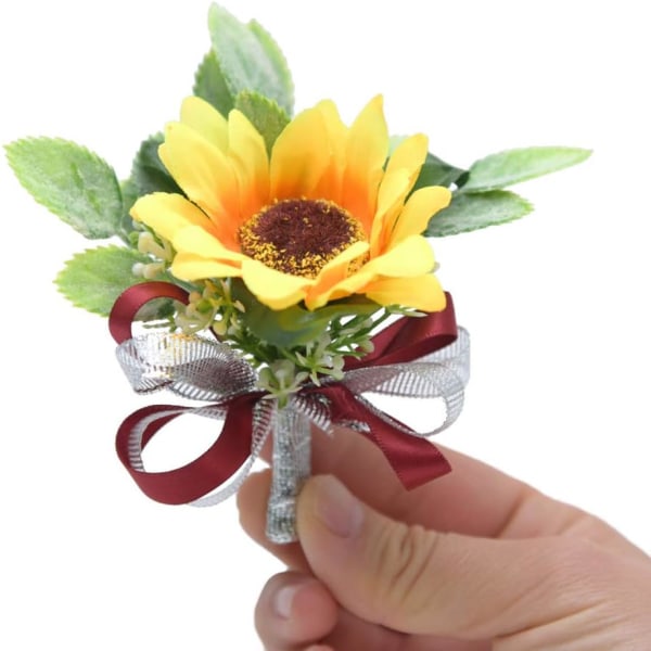 Ocobudbxw Konstgjord Solros Brudgum Brud Bröllop Boutonniere Corsage Yellow&hemp Rope