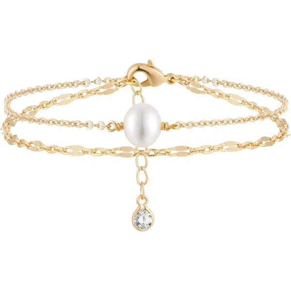 Armband för kvinnor 14K guldpläterad läcker kedja Enkla smycken söta för flickor 2 Layer 1 Pearl + Lace Chain 2 Layer Satellite Chain