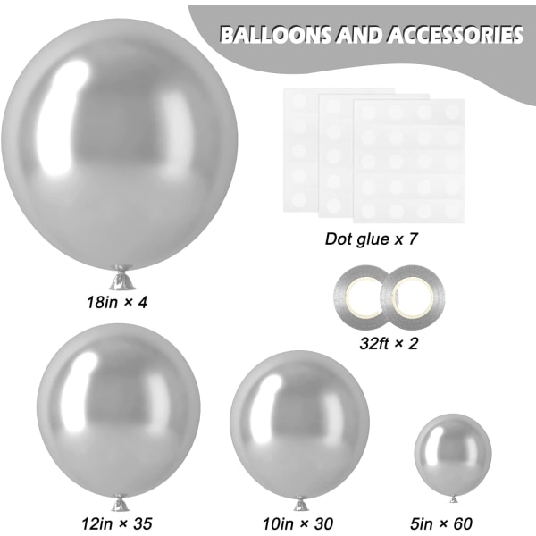 129pcs Metallic Silver Balloons Latex Balloons Different Sizes 18 12 10 5 Inches Party Balloon Kit for Birthday Party Graduation Wedding Holida